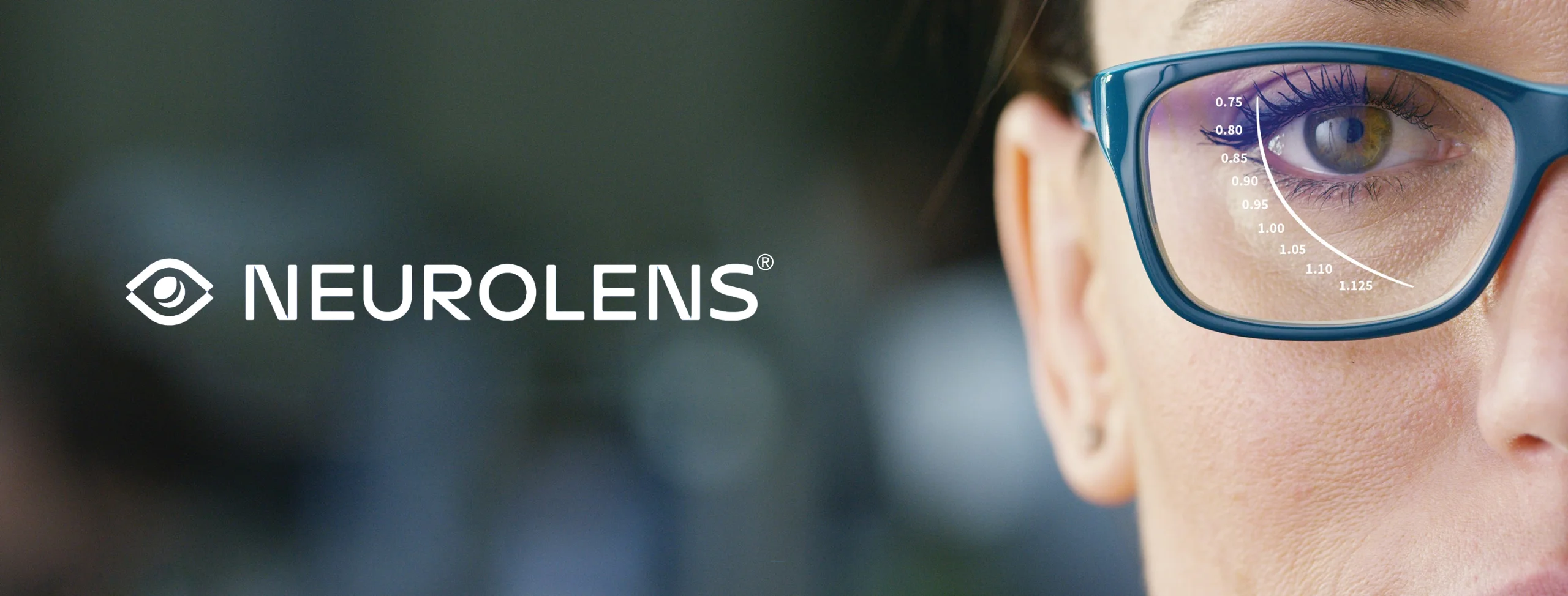 A close-up of a person wearing blue glasses, featuring Neurolens branding. Digital measurements, ranging from 0.75 to 1.125, are visible on the lens.