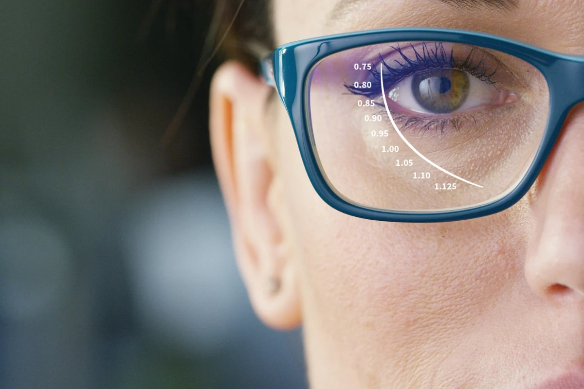 A close-up of a female's eye wearing blue glasses, with a Neurolens measurement graphic overlaid on the lens, showing values from 0.75 to 1.125.